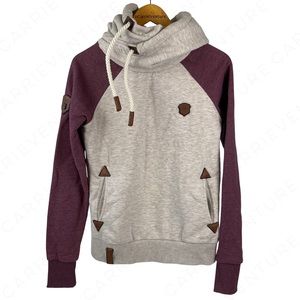 Naketano Cream & Maroon Purple Cowl Neck Hoodie M